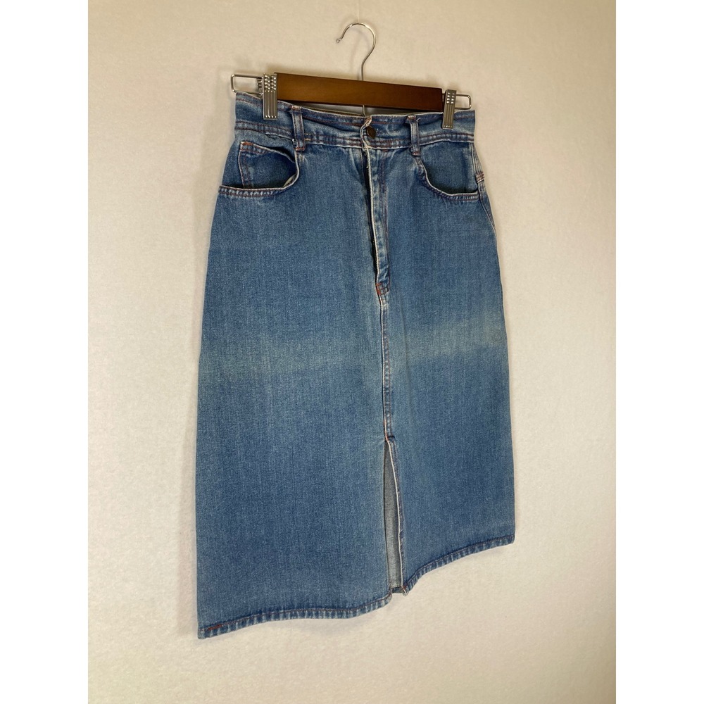 Vintage Britches n Things Women 11 Blue Denim High Rise Midi Skirt‎ Front Slit - Picture 9 of 9
